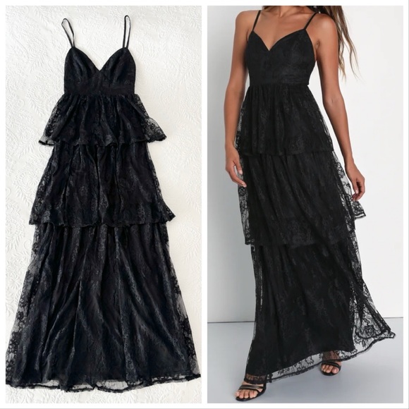 Lulus Dresses & Skirts - NWOT Lulus Tier I Go Black Lace V-Neck Sleeveless Tiered Maxi Dress XSmall